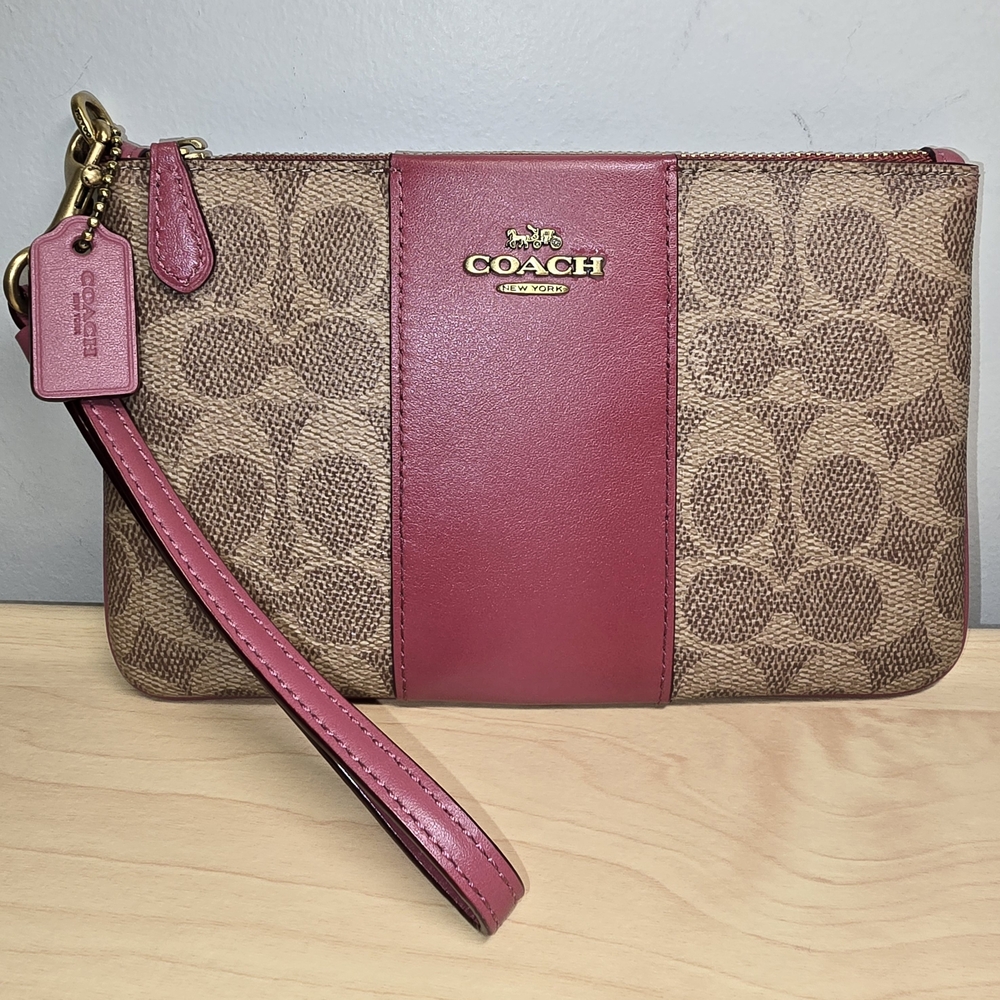 COACH 32445 Burgundy Colorblock Leather & Brown Coated Canvas Wristlet Clutch